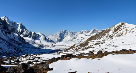 Beautiful panoramic view of the Himalayan mountains on the way to Cho-La pass, Nepal.