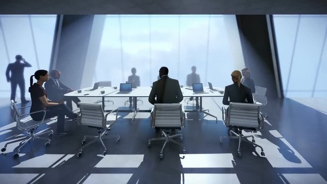 Business team in conference room, camera track to city view