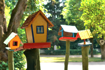 Colorful birdhouses in the park of Vinnytsia, Ukraine
