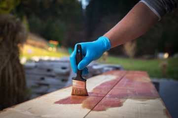 Hand applying copper based preservative on wood to prevent insect attack and fungal decay: Wood...