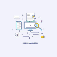 Surfing in the internet and chatting banner made in line style
