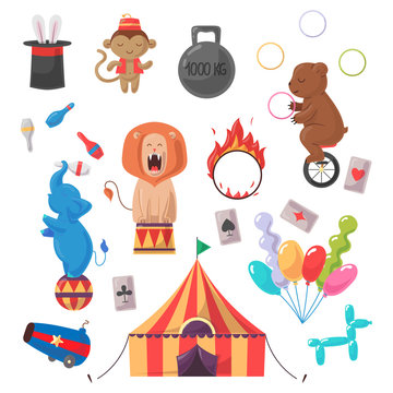 Amazing show with trained animals and different circus stuff illustration set