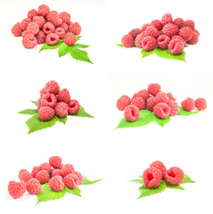 Set of raspberries with leaves isolated on a white background cutout