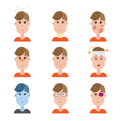 Various disease avatars. Man face made in flat style