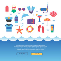 Summer icon illustration poster. Colorful sea vacation concept. Vector flat design pictogram set for flyers, banners, brochure, poster or web - 142447537