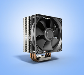 Active CPU cooler with the aluminum finned heat-sink and the fan 3d render on blue