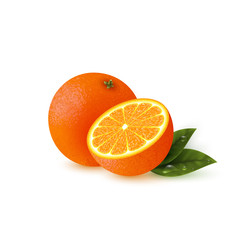 Realistic orange with leaves.