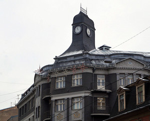 Fototapeta na wymiar Riga, Terbatas 14, clock tower, Art Nouveau 1909 year
