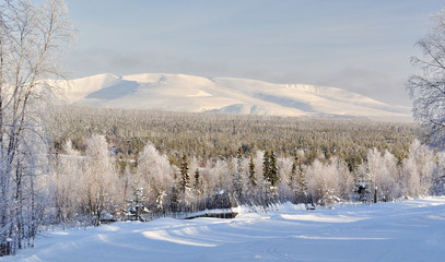 Winter landscape of the Khibiny (Hibiny) mountains. Kola peninsula, Murmansk region, Russia.