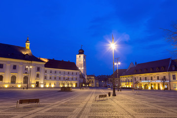 Naklejka na ściany i meble Historical center of Sibiu - Romania, at blue hour