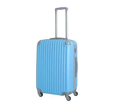 One suitcase isolated on white background. Polycarbonate suitcase isolated on white. Blue suitcase.