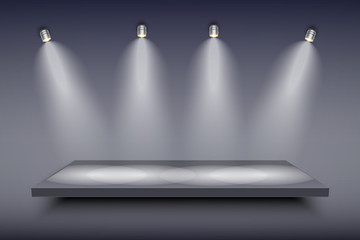 Obraz premium Light box with black presentation platform on dark backdrop with four spotlights. Editable Background Vector illustration.