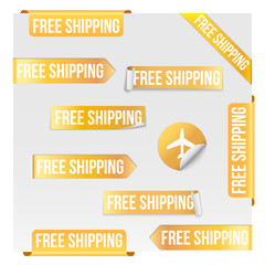 Set of Free Shipping Yellow Label Icon Design. Vector illustration Isolated on white background.