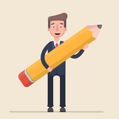 A businessman is holding a pencil in his hands.