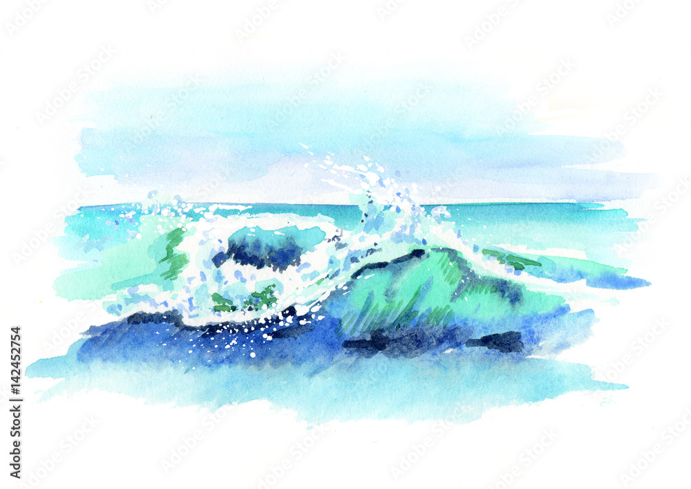 Wall mural watercolor hand drawn ocean wave