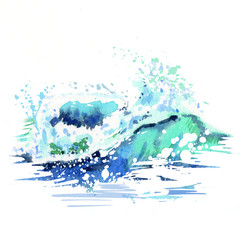 Watercolor hand drawn ocean wave. Sketch