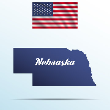 Nebraska state with shadow with USA waving flag