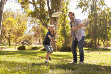 Father Teaching Son To Throw Frisbee In Park - obrazy, fototapety, plakaty