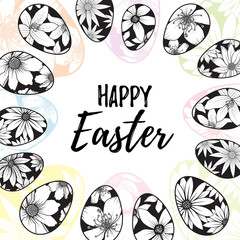 Happy Easter lettering inside hand drawn eggs wreath with with floral elements