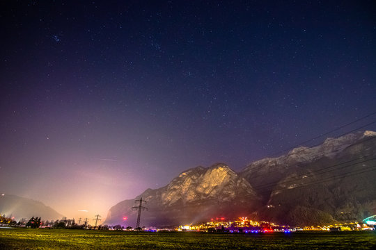 Sunset landscape of the city of Hotting. Landmark of Tirol and Autria.