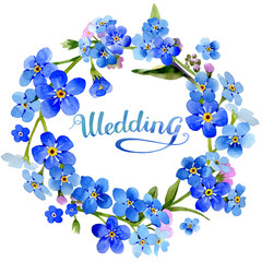 Wildflower myosotis arvensis flower wreath in a watercolor style isolated.