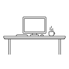 Modern designer work space, linear style. Computer, cup, keyboard and mouse in outline style. Black and white illustration