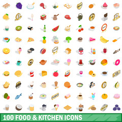 100 food and kitchen icons set, isometric 3d style