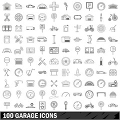 100 garage icons set, outline style