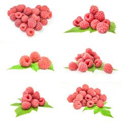 Set of raspberry with leaf close-up isolated on white background