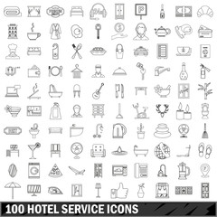 Fototapeta na wymiar 100 hotel service icons set, outline style