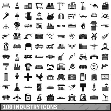 100 industry icons set, simple style 