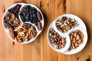 Mix of Dried Fruits on wooden surface. copy space.