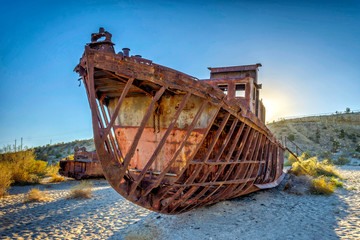 Rusted vessel in the ship cemetery, Uzbekistan