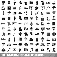 100 natural disasters icons set, simple style 