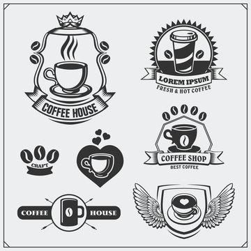 Set of coffee badges, labels and design elements. Coffee shop emblems templates.