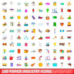 100 power industry icons set, cartoon style
