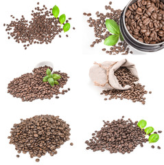 Group of coffee beans close-up on white