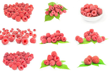 Collage of ripe red raspberries on a white background clipping path
