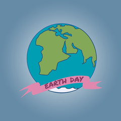 Cartoon Earth Day Illustration. Planet on blue background, Text on pink ribbon.