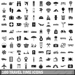 100 travel time icons set, simple style 