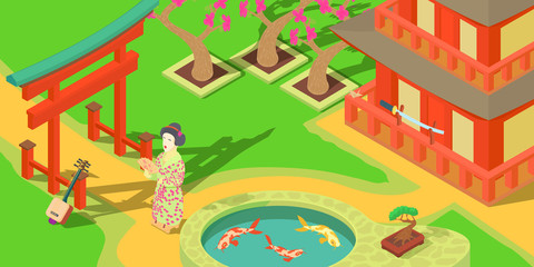 Japan travel horizontal banner, cartoon style