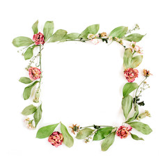 Round frame wreath pattern with roses, pink flower buds, branches and leaves isolated on white background. Flat lay, top view