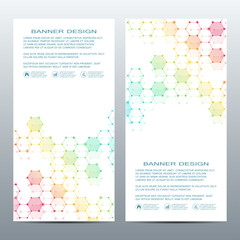 2 of modern vertical scientific banners. Molecular structure of DNA and neurons. Geometric abstract background. Medicine, science, technology, business and website templates. Vector illustration