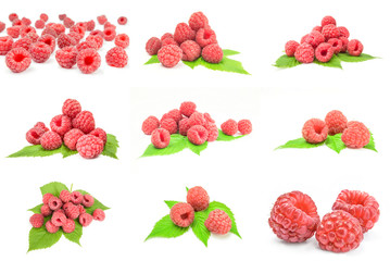 Collection of raspberry with leaf isolated on a white background cutout