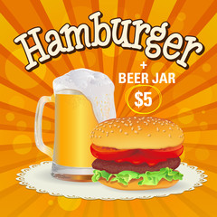 Beer and hamburger offer. Hand made fast food vector illustration