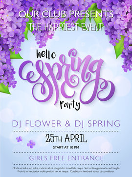 Vector spring party poster with lettering and lilac flowers