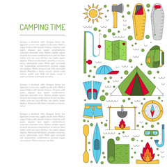 Vector illustration in flat style with stroke, a banner on the theme of camping. The template consists of icons on the theme of camping and nature tourism and summer vacation.