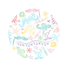 Colorful Hand Drawn Party Symbols Arranged in a Circle. Children Drawings of Masquerade Elements. Sketch Style. Vector Illustration.