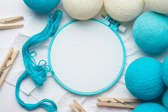 Embroidery Hoop With Blank Fabric And Christmas Balls Decoration