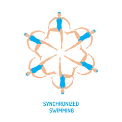 Professional athletes womens team of synchronized swimming perform in the water art figure, vector illustration in flat style. Competitions in synchronized swimming